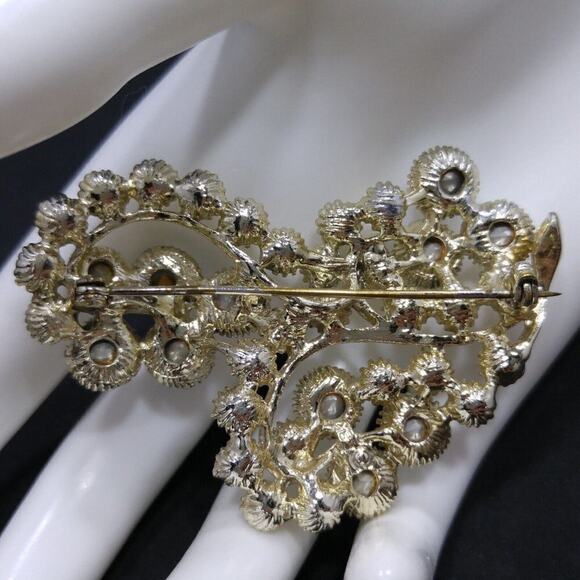 Vintage BSK Gold Aurora Borealis Rhinestone Floral Brooch 1950s Signed B.S.K. - Picture 5 of 9